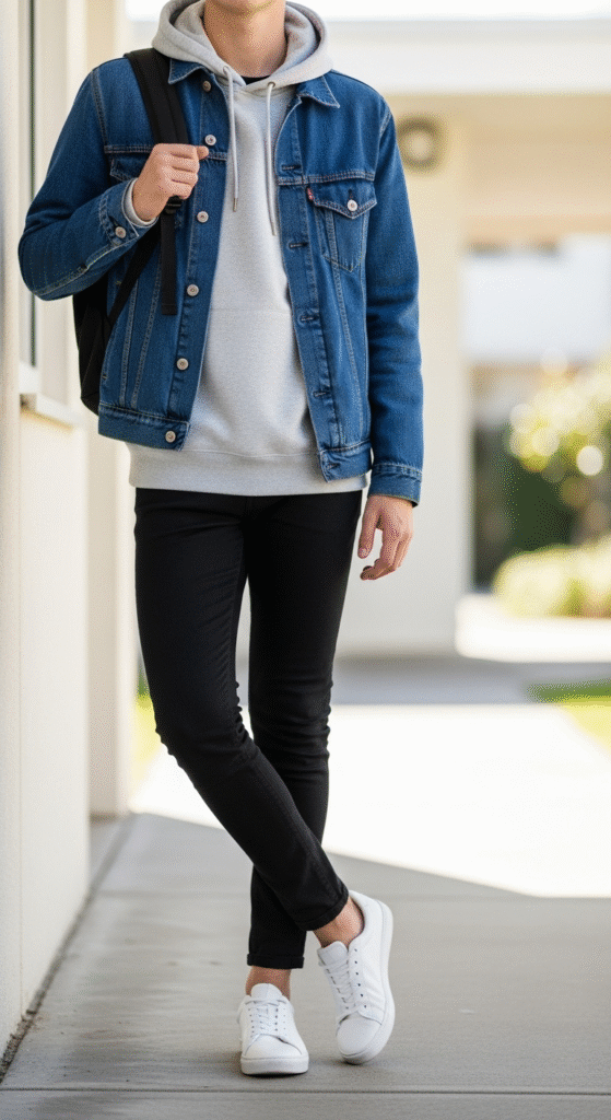 Layered Hoodie Under a Denim Jacket