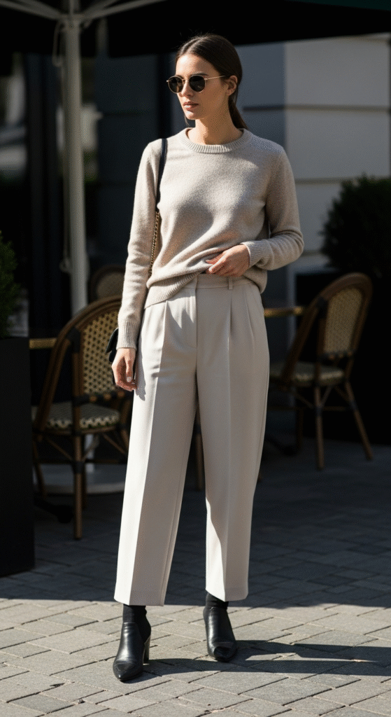 Neutral Sweater with Wide-Leg Pants - Sweater Outfits for Fall