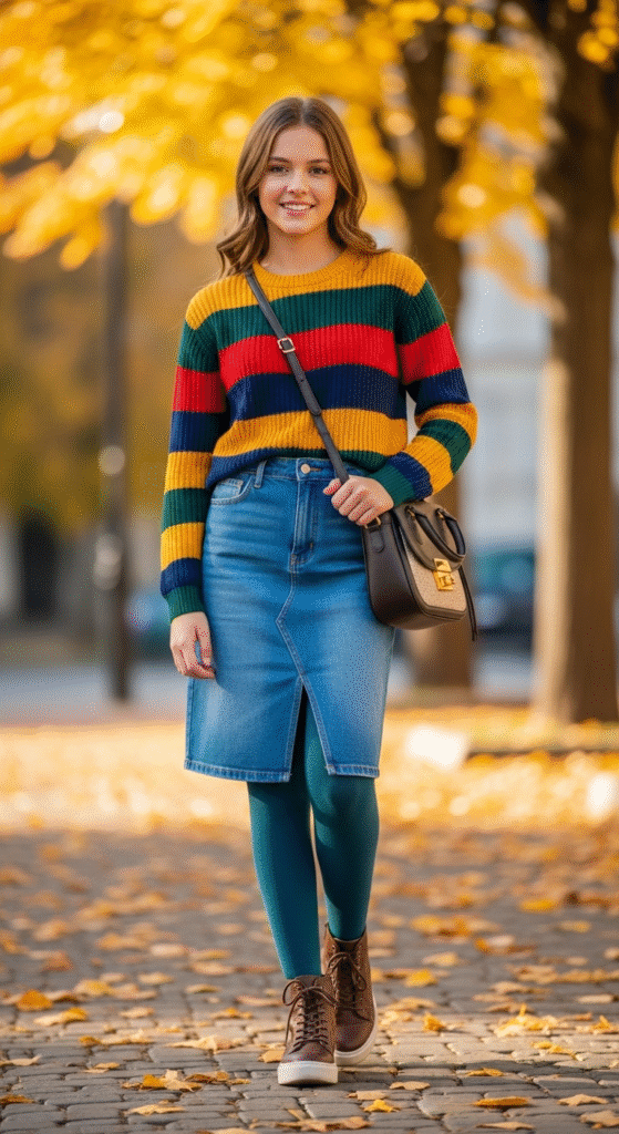 Striped Sweater with Denim Skirt