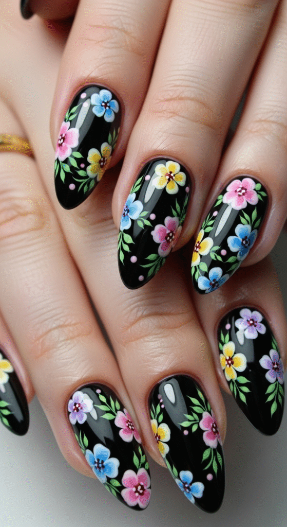 Black Nails with Floral Designs