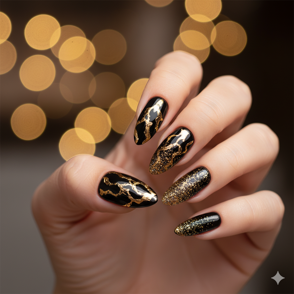Black Nails with Gold Accents