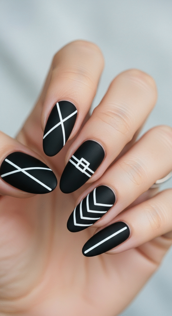 Black Nails with White Accents