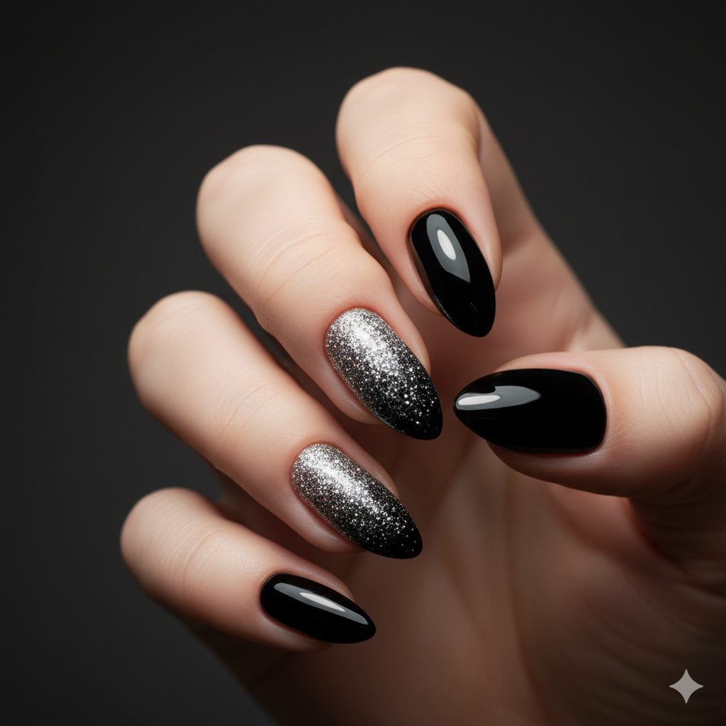 Black and Silver Glitter Nails