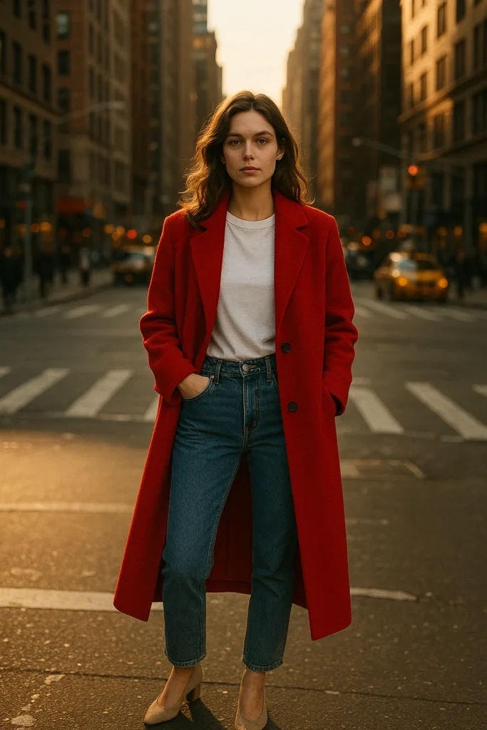Bold-Colored Coat with Basics - Fall Outfits Inspired by NYC