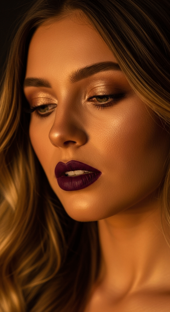 Bold Plum Lips - Makeup Looks for Caramel Balayage Hair