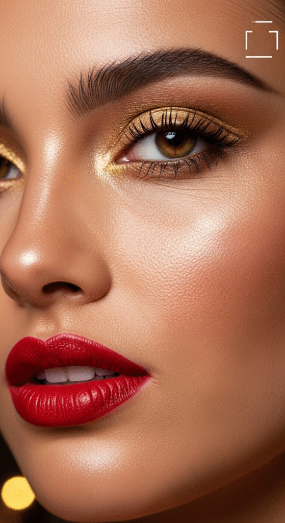 Bold Red Lip Makeup with Gold Accents