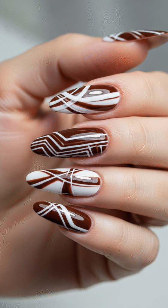 Brown and White Contrast Nails