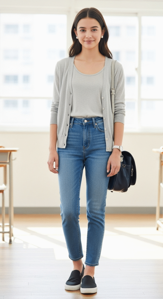 Cardigan and Tank with High-Waisted Jeans
