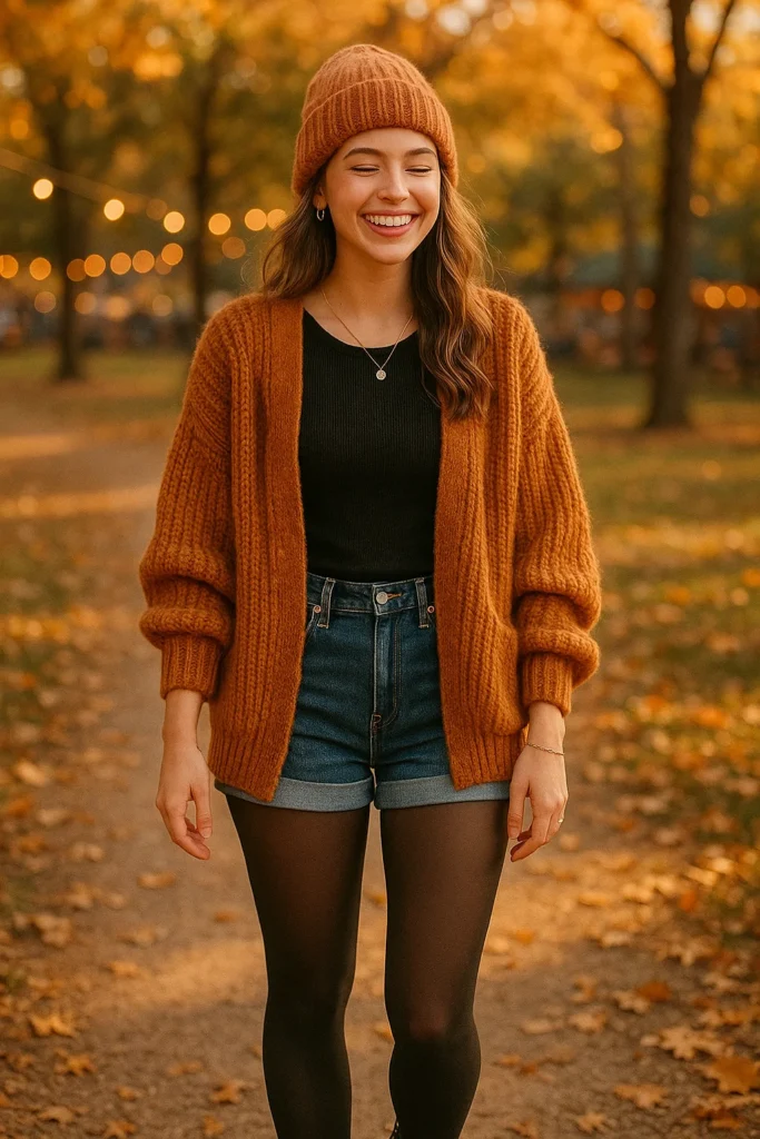 Chunky Cardigan with Denim Shorts and Tights