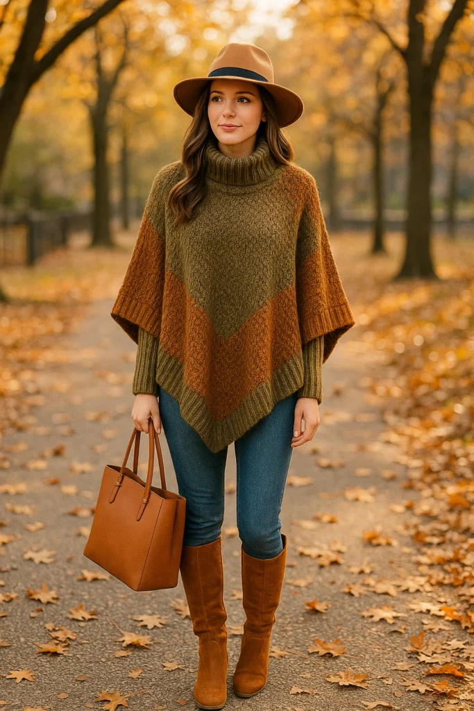 Chunky Knit Poncho with Slim Jeans - Casual Fall Outfits for Women