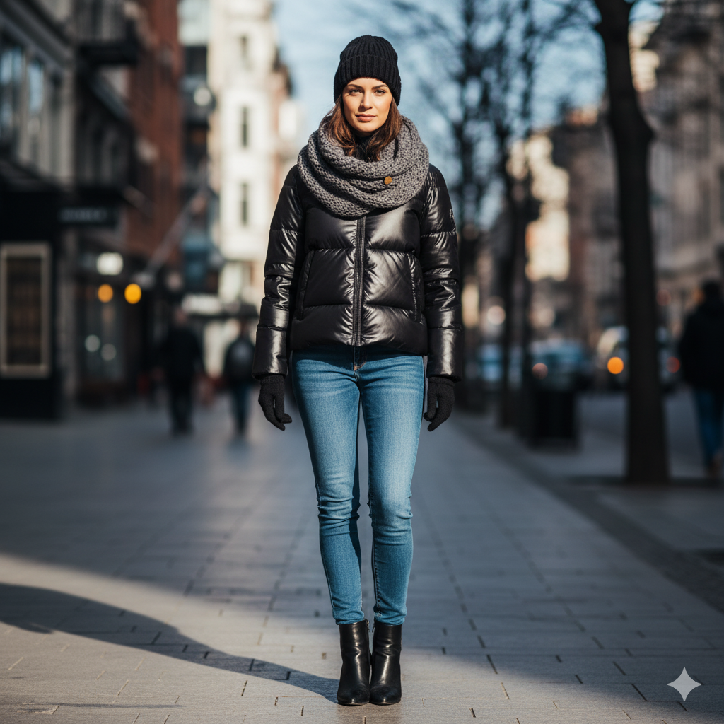 Classic Black Puffer with Skinny Jeans - Puffer Jacket Outfits Winter