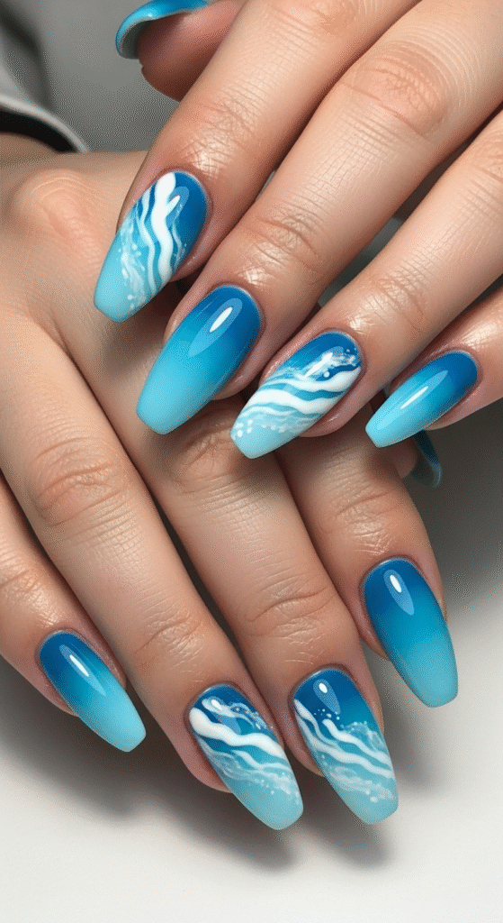 Classic Blue Ocean Waves - Beach Nail Designs