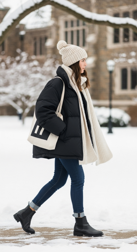 Classic Puffer Jacket with Skinny Jeans - Cozy Winter Outfits for College Students