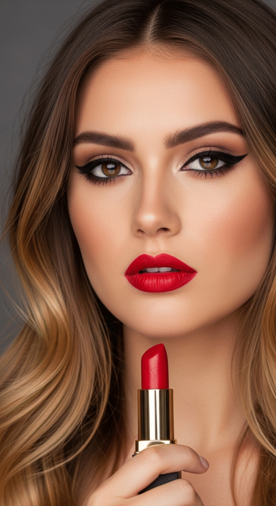 Classic Red and Winged Liner - Makeup Looks for Caramel Balayage Hair