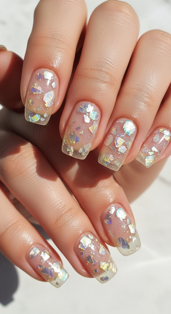 Clear Nails with Seashell Glitter