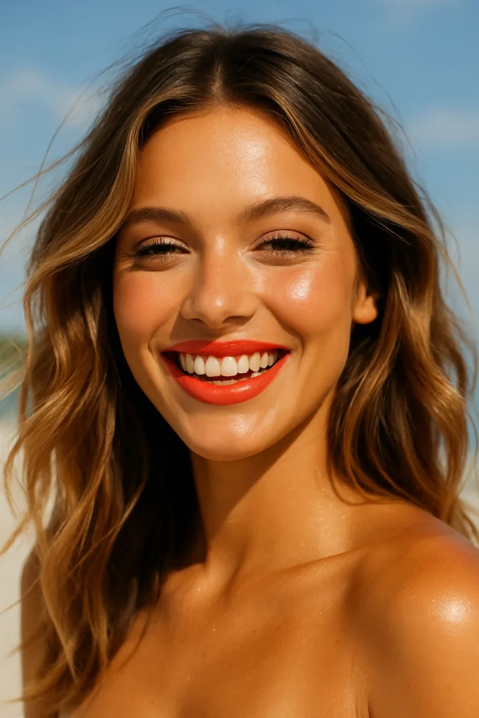 Coral Pop Lips - Makeup Looks for Caramel Balayage Hair