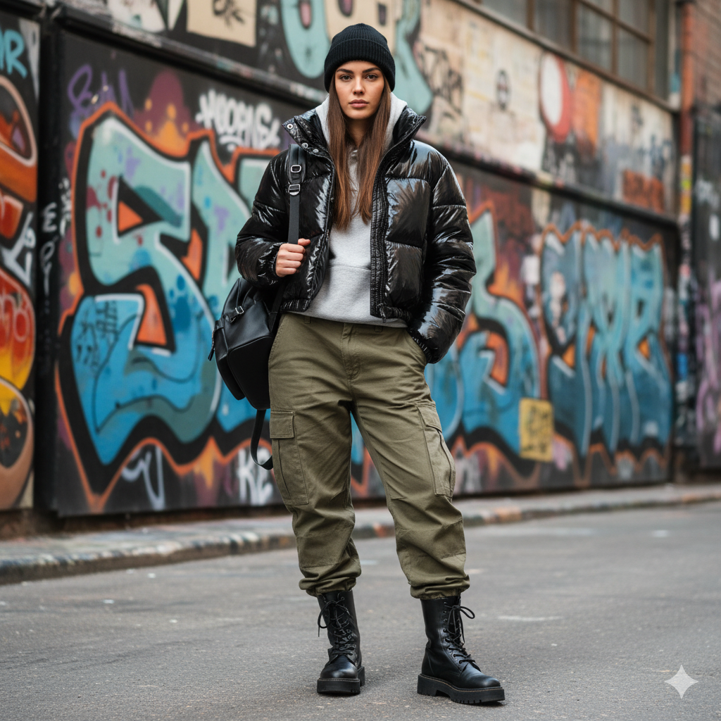 Cropped Puffer with Cargo Pants