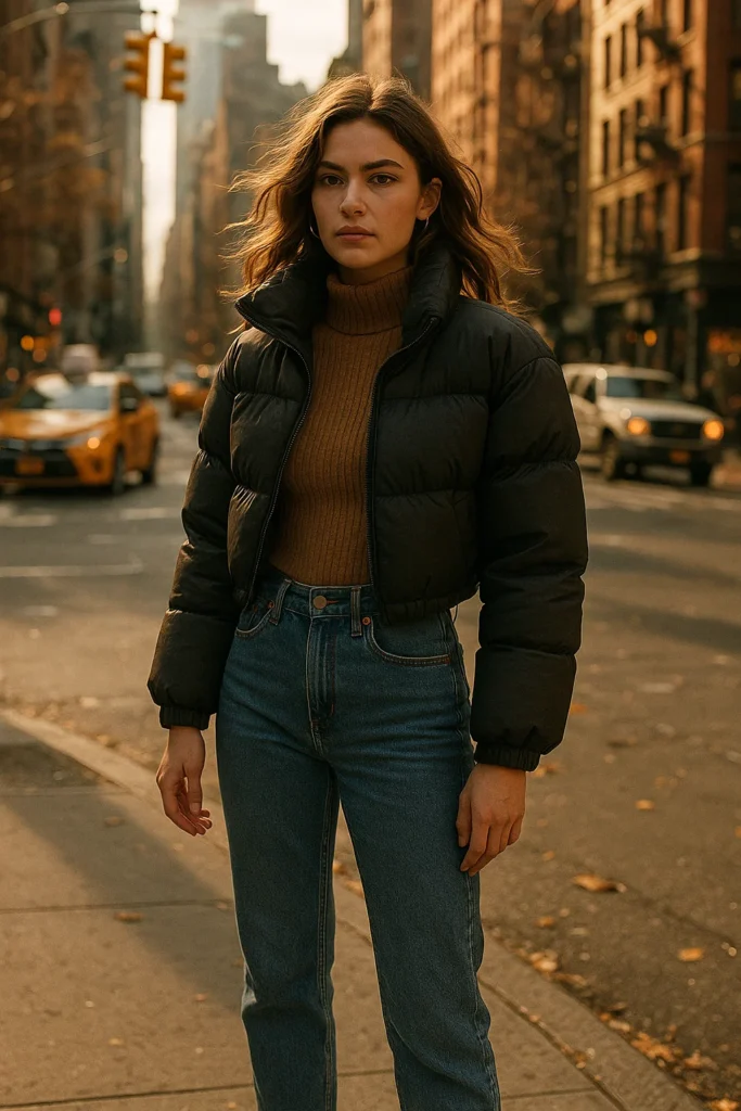 Cropped Puffer with High-Waist Jeans