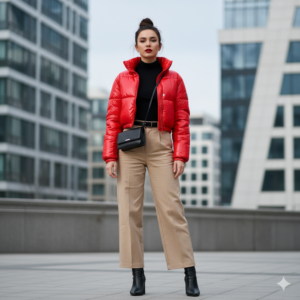 Cropped Puffer with High-Waisted Pants - Puffer Jacket Outfits Winter