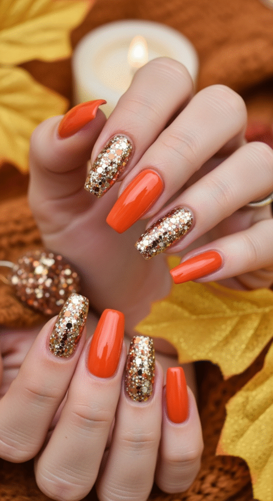 Glitter-Infused Orange Nails