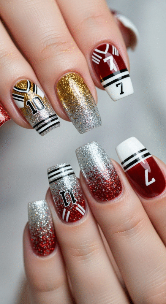 Gradient Glitter End Zone Nails - Football Nail Designs