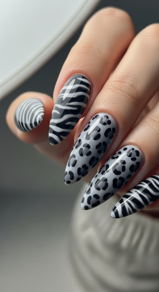 Grey Nails with Animal Print