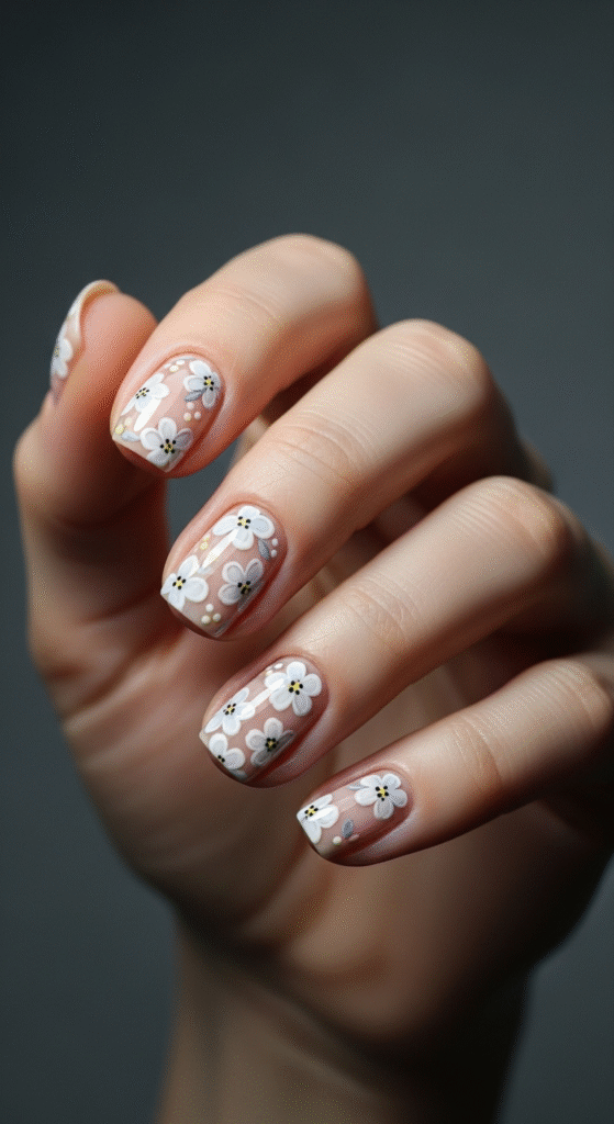 Grey Nails with Floral Art - Grey Nail Designs