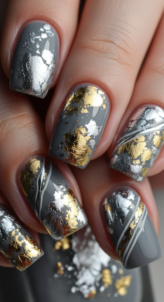 Grey Nails with Foil Accents