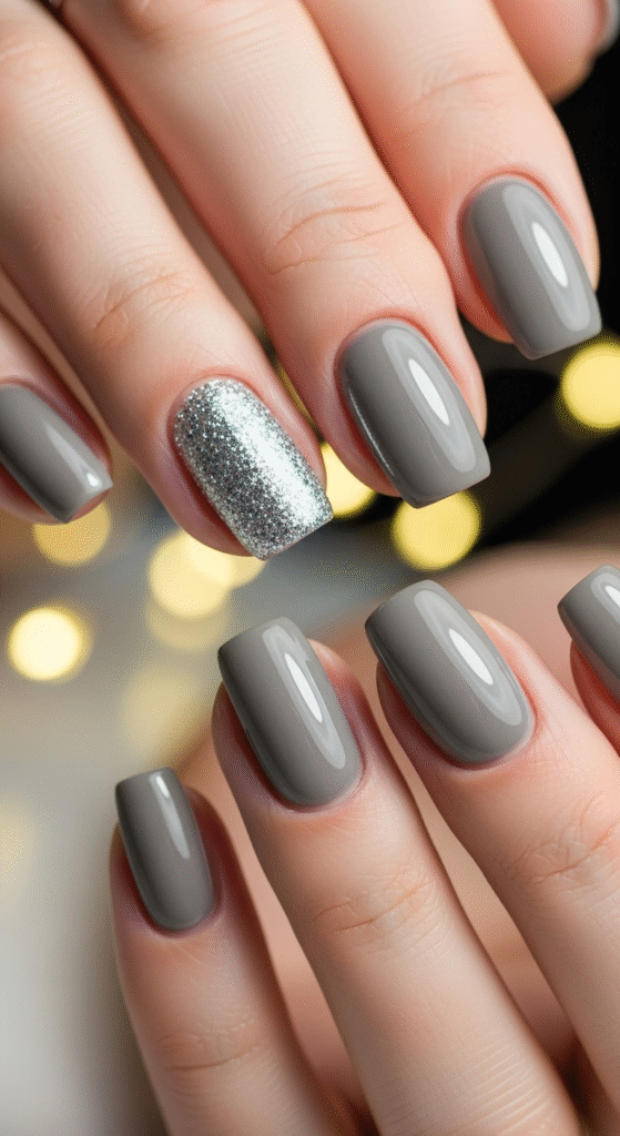 Grey Nails with Glitter Accents