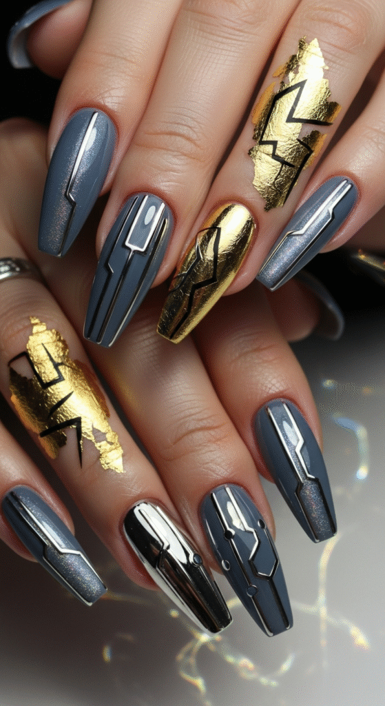 Grey Nails with Metallic Accents