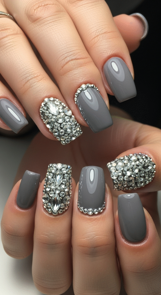 Grey Nails with Rhinestones