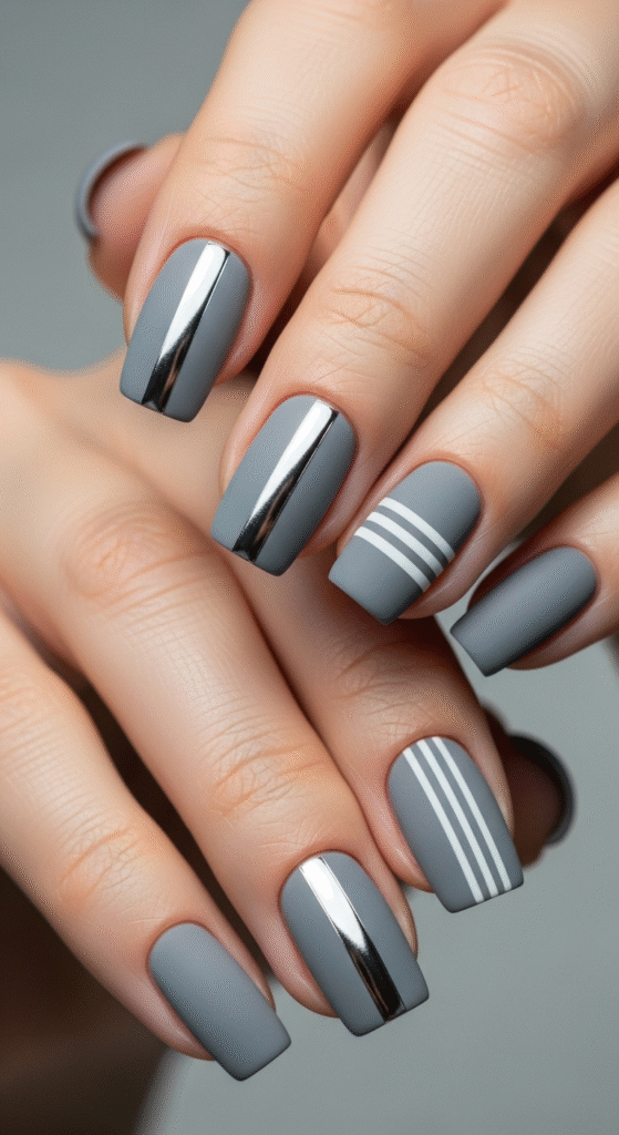 Grey Nails with Stripes