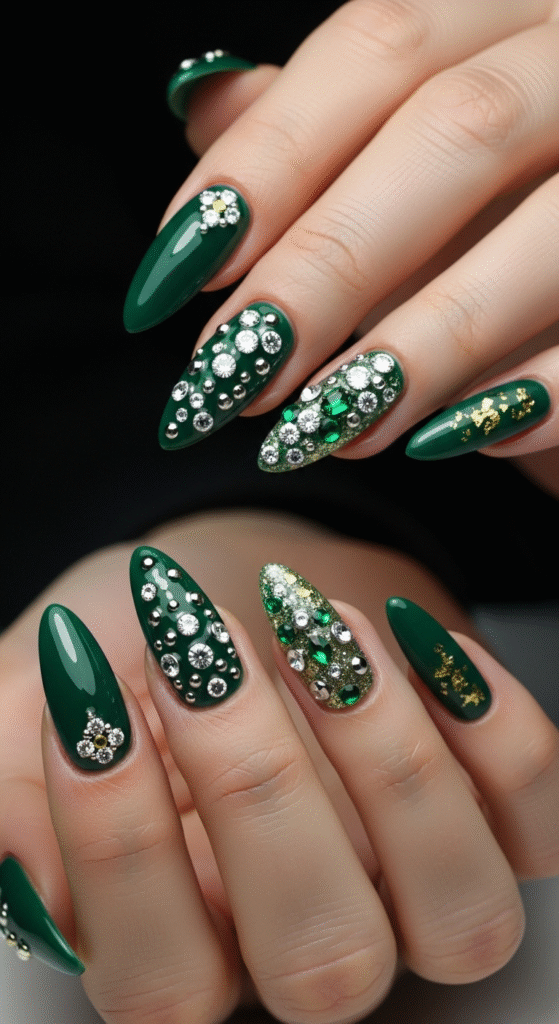 Jewel-Studded Green Nails