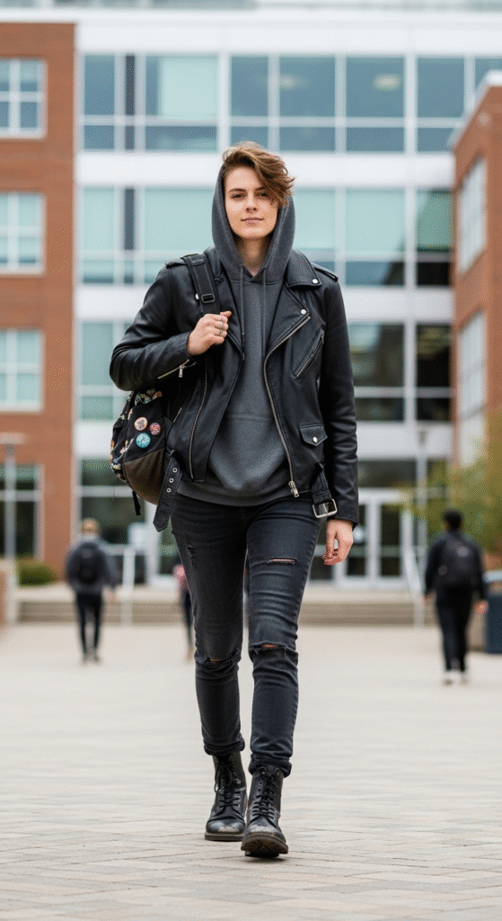 Layered Hoodie and Leather Jacket