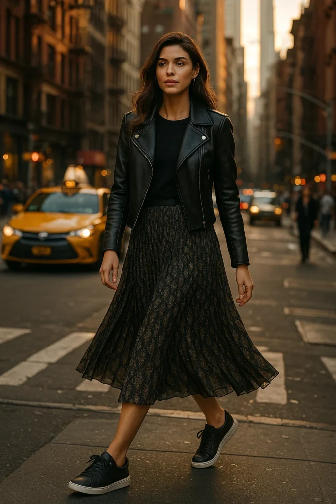 Leather Jacket and Midi Skirt