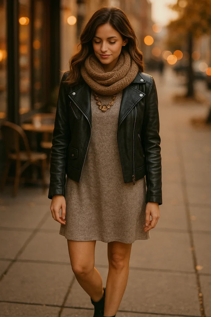 Leather Jacket with Casual Dress