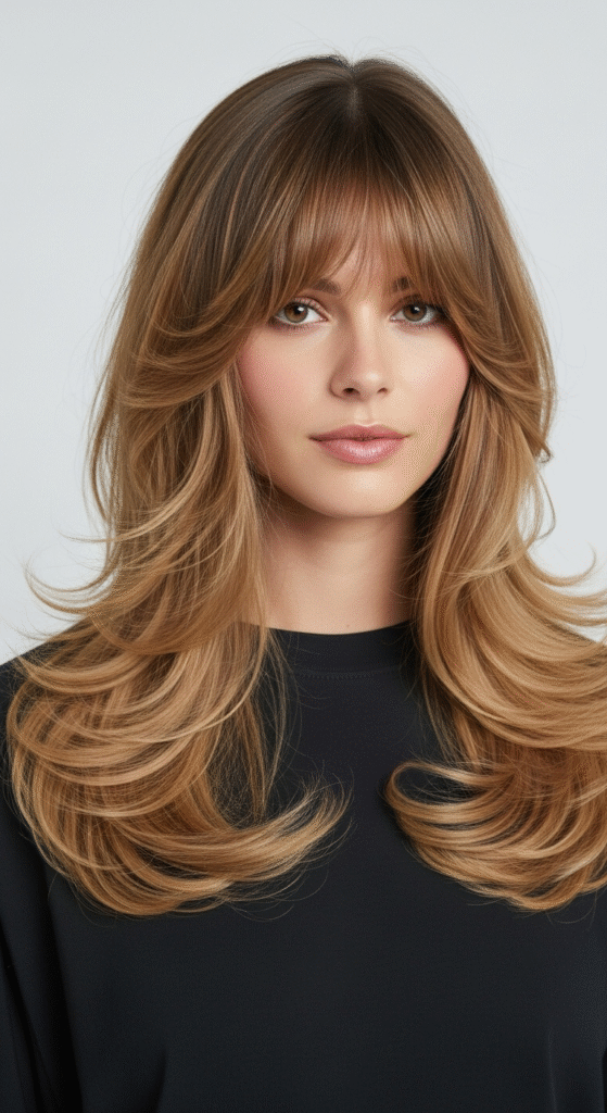 Long Layered Waves with Curtain Bangs