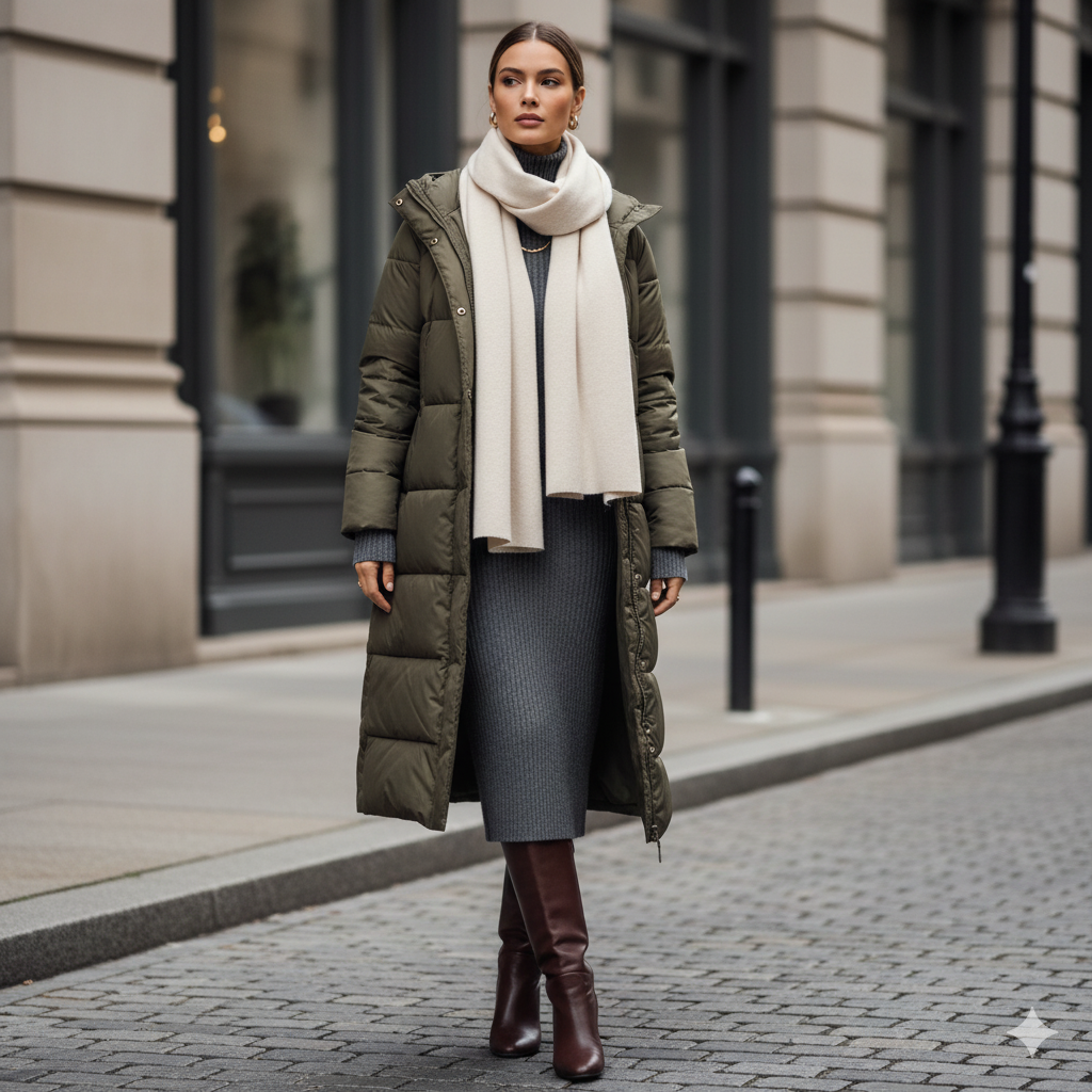 Longline Puffer with Knit Dress