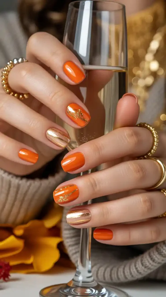 Orange and Gold Accents - Orange Fall Nail Designs