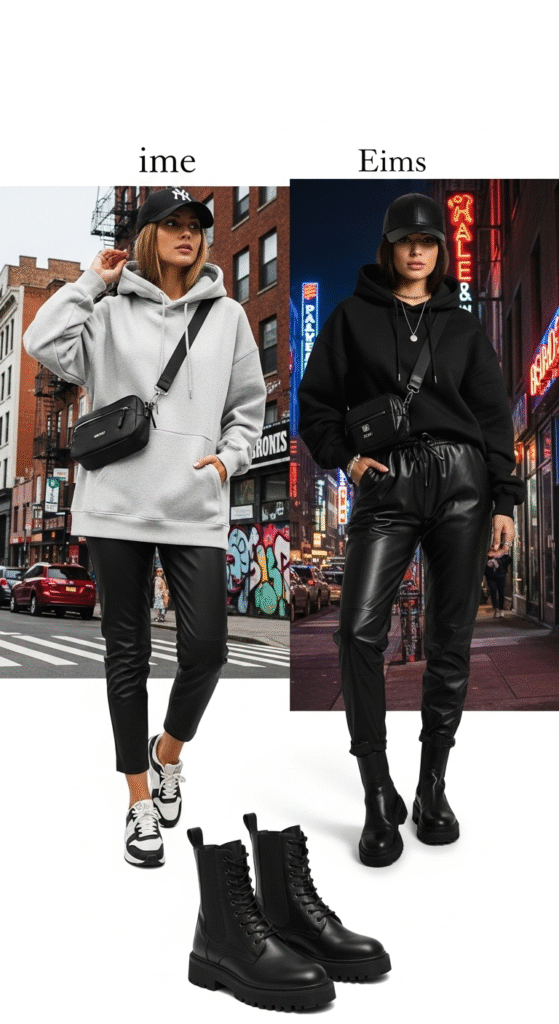 Oversized Hoodie with Leather Pants