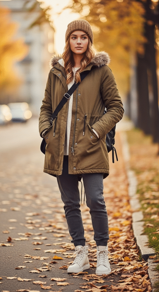 Parka Jacket with Casual Pants