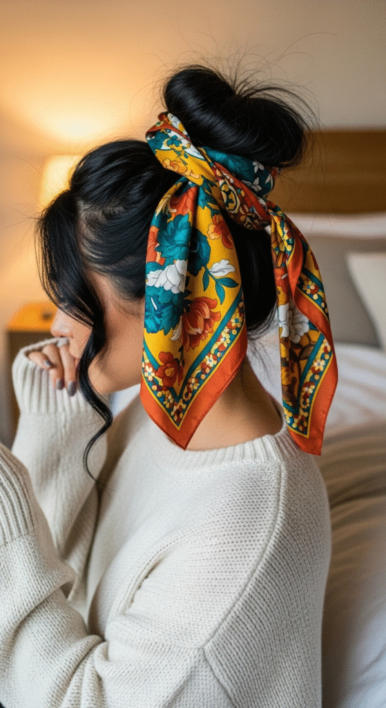 Pineapple Updo with Silk Scarf - Hairstyles for Curly Hair Without Frizz