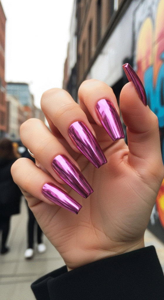 Pink Chrome Coffin Nails