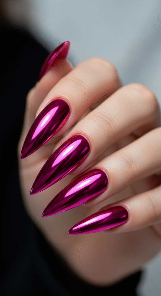 Pink Chrome Stiletto Nails