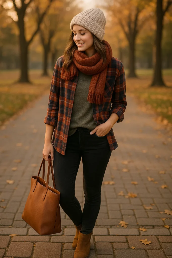 Plaid Shirt Layered Over a Basic Tee - Cute Simple Fall Outfits