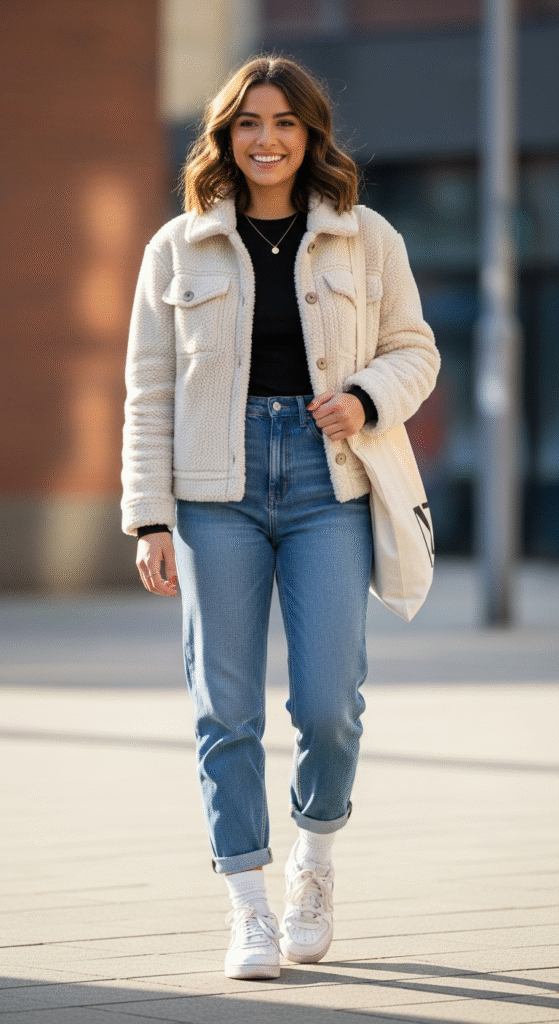 Sherpa Jackets with High-Waisted Jeans
