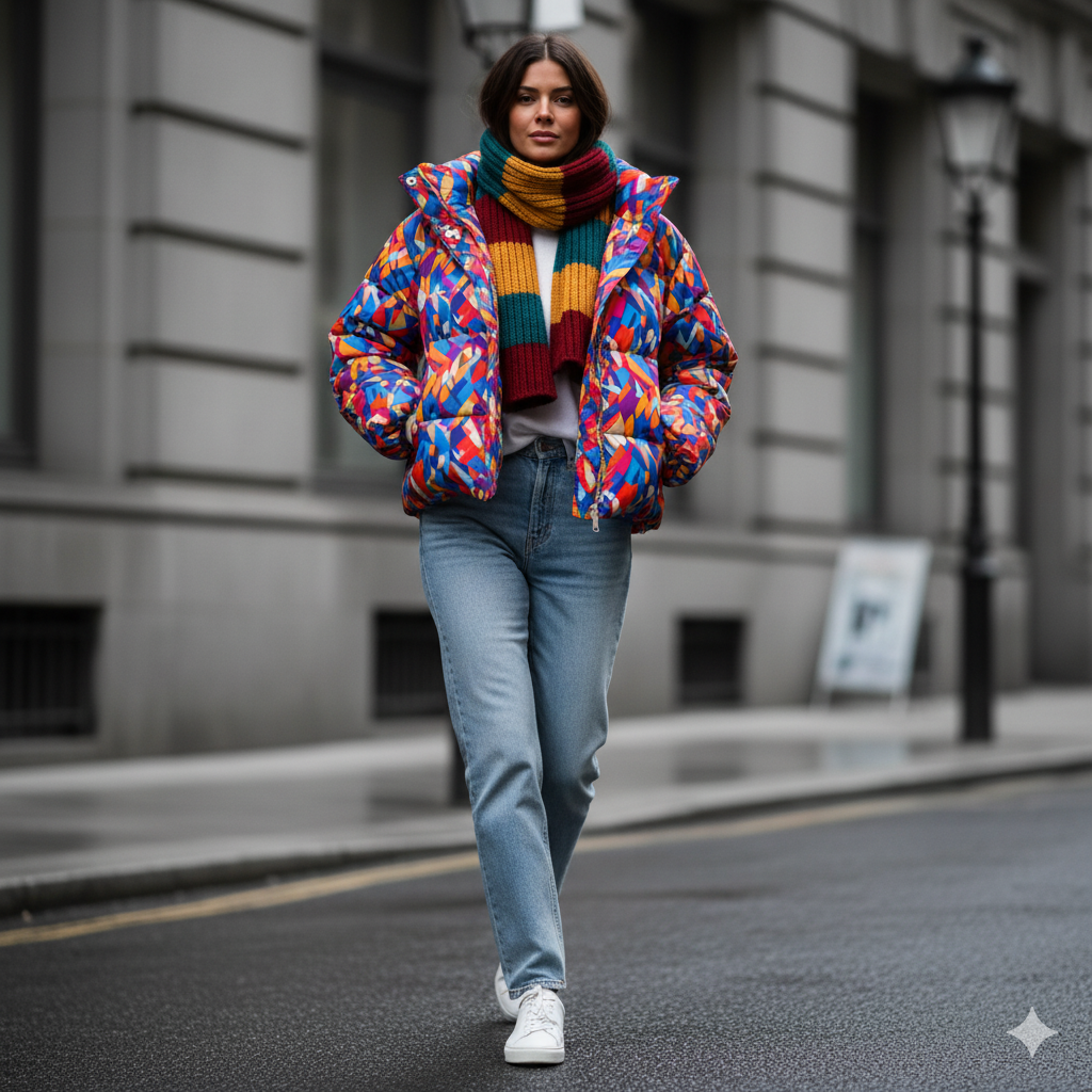 Statement Puffer with Patterned Scarf - Puffer Jacket Outfits Winter