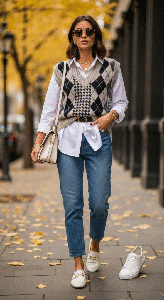 Sweater Vest with White Shirt and Jeans