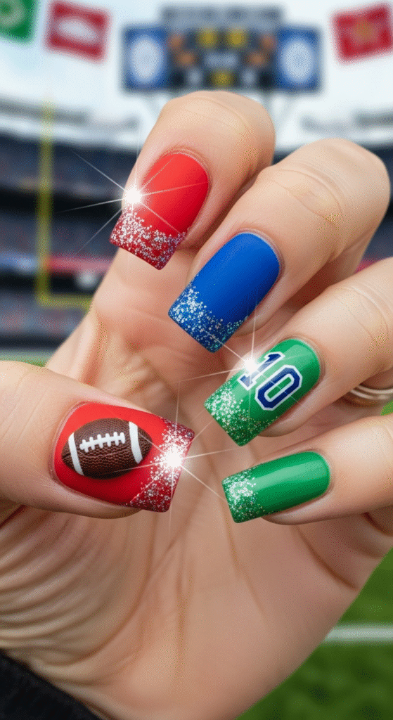 Team Colors with Glitter Accents - Football Nail Designs