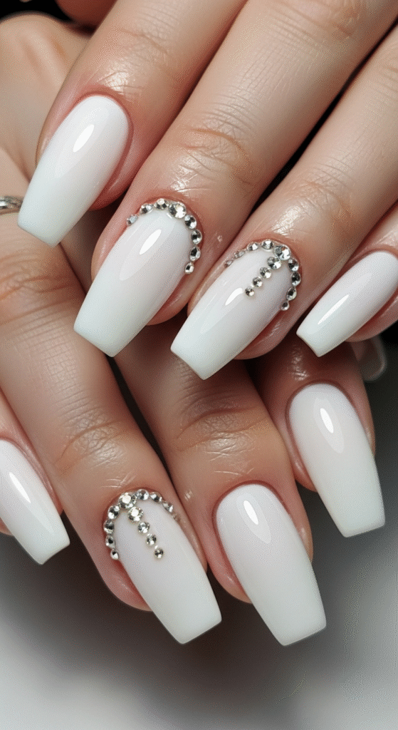White Nails with Rhinestones
